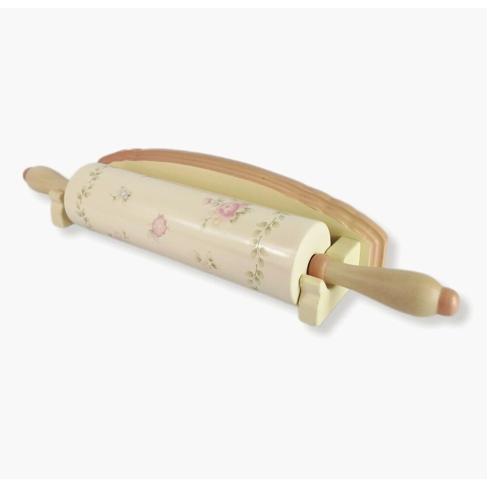 Pfaltzgraff Tea Rose Ceramic Rolling Pin  Wall Hanging Bracket Cottage Pastry